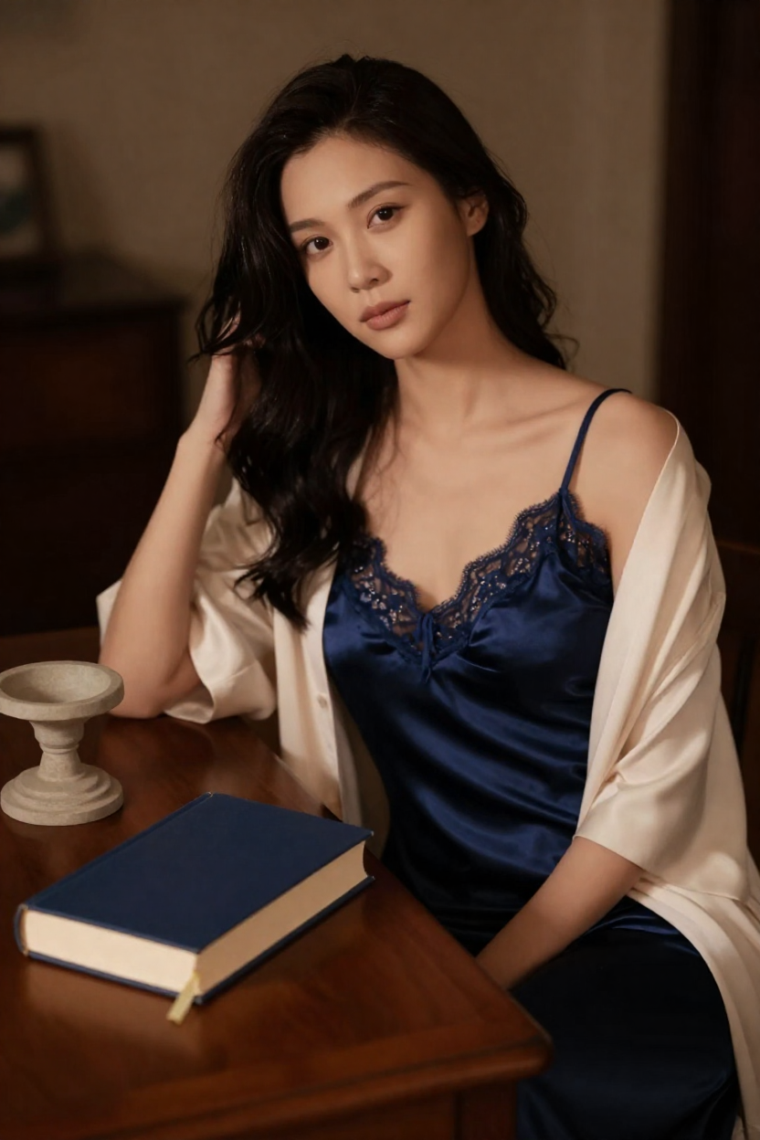 Photorealistic editorial portrait of a fictional adult woman, age 28, long dark hair with a glossy