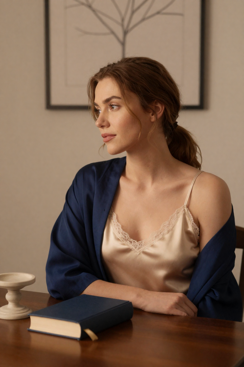 Photorealistic editorial portrait of a fictional adult woman, age 26, honey-brown hair in a loose low